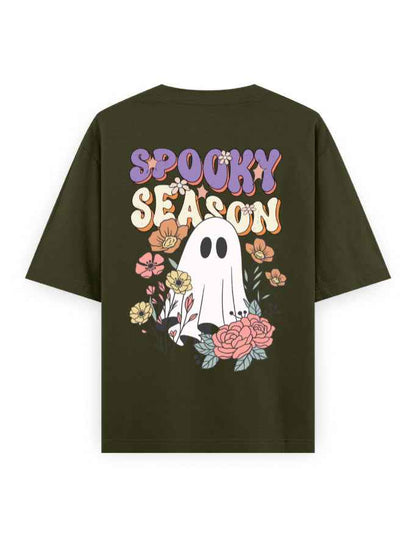 Oversized black t-shirt with 'Spooky Season' text, cartoon ghost and colorful floral print
