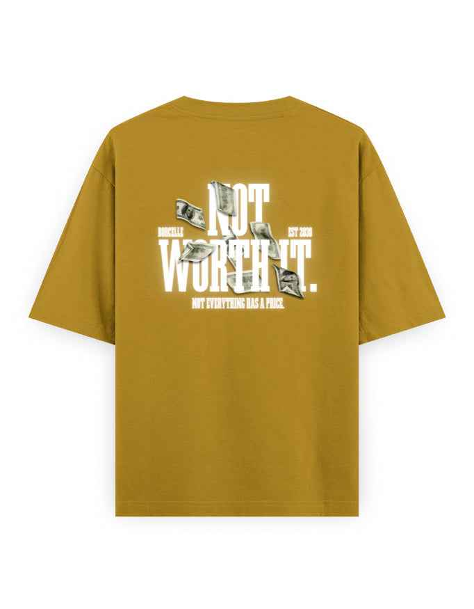Mustard oversized streetwear t-shirt with 'Not Worth It' text and money graphic on back