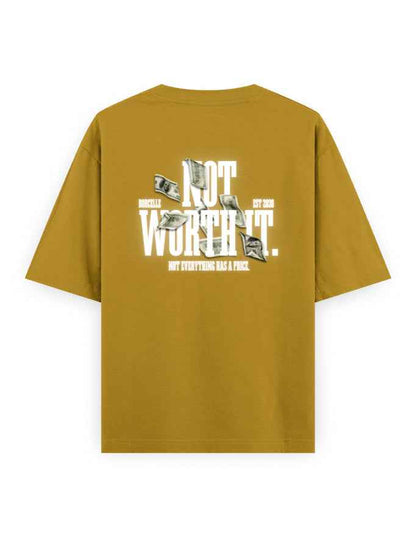 Mustard oversized streetwear t-shirt with 'Not Worth It' text and money graphic on back