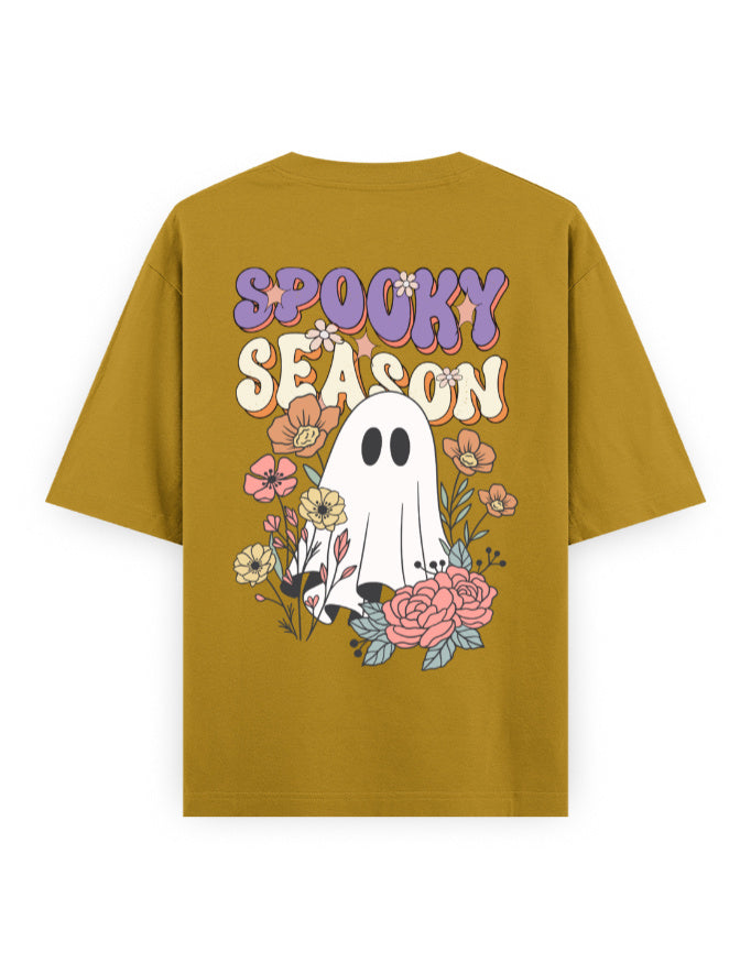 Oversized mustard t-shirt with cartoon ghost, flowers, and 'Spooky Season' text on back