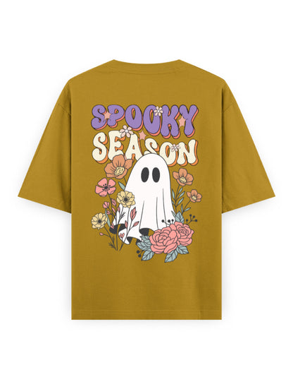 Oversized mustard t-shirt with cartoon ghost, flowers, and 'Spooky Season' text on back