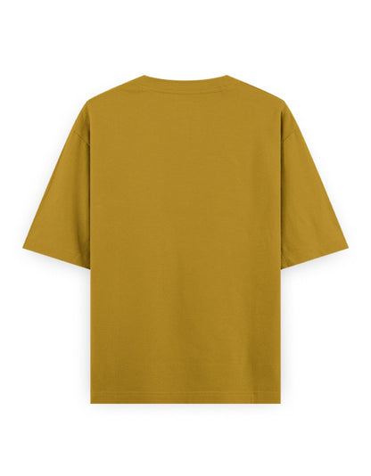 Back view of a mustard yellow oversized streetwear t-shirt with short sleeves