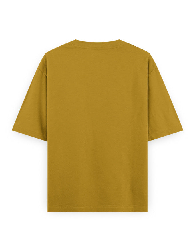 Back view of mustard yellow oversized streetwear t-shirt on white background