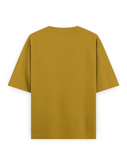 Back view of mustard yellow oversized streetwear t-shirt on white background