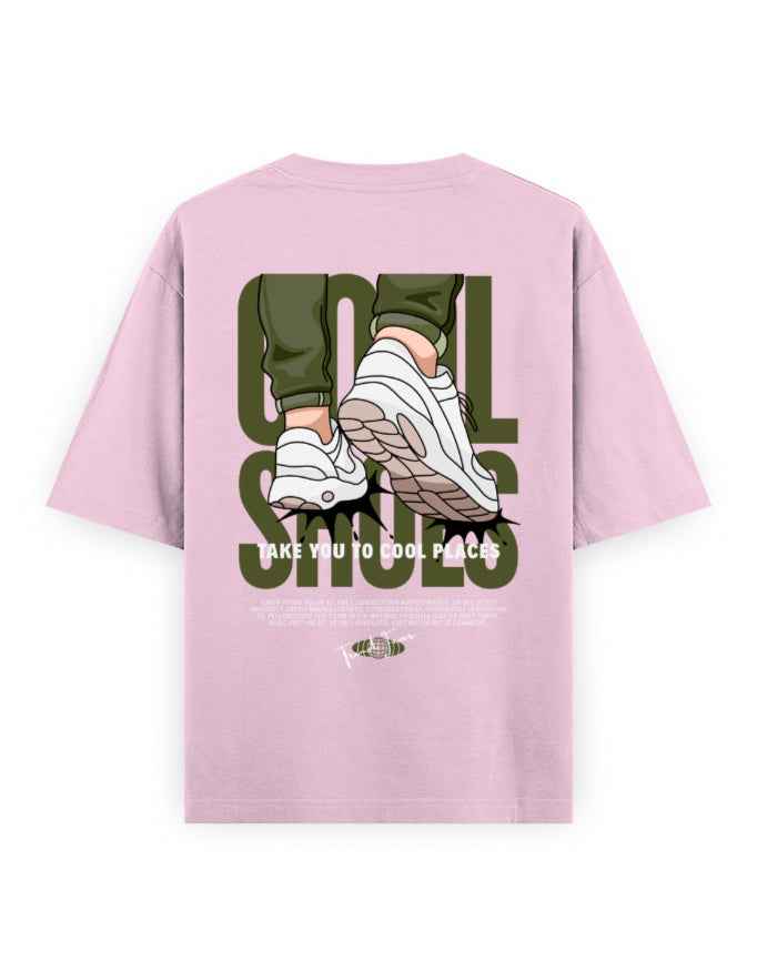 Oversized pink streetwear t-shirt with graphic of sneakers and 'COOL SHOES' text on back
