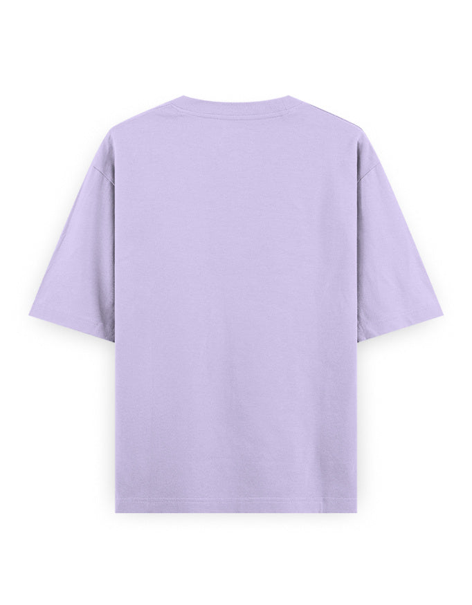 Back view of oversized lavender streetwear t-shirt with short sleeves against white background