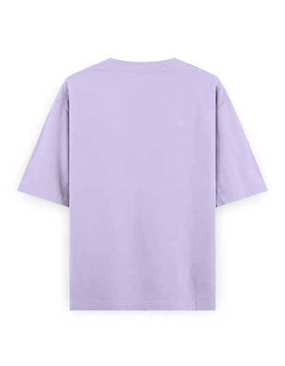 Back view of oversized lavender streetwear t-shirt with short sleeves against white background