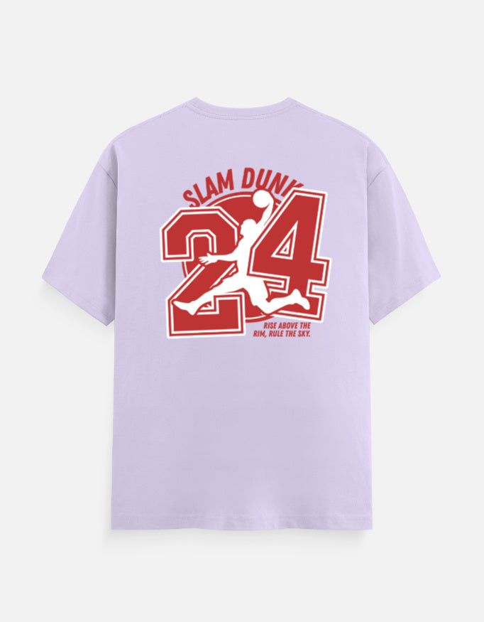 A light lavender crewneck t-shirt shown from the back, featuring a large red and white graphic print of the number 24, a silhouette of Michael Jordan, and the words 'SLAM DUNGE' and 'KEEP ABOVE THE HIGHS, WEAR THE DAY.'.