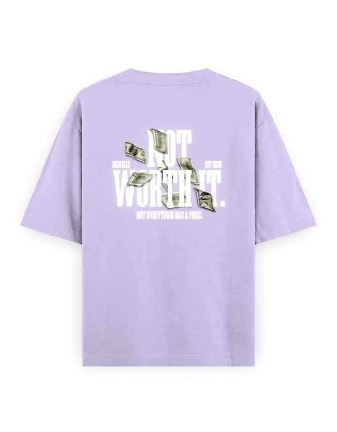 Lavender oversized streetwear t-shirt with dollar bill graphics and 'Not Worth It' text on back