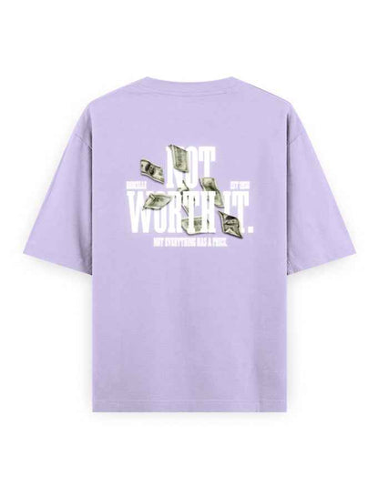 Lavender oversized streetwear t-shirt with dollar bill graphics and 'Not Worth It' text on back
