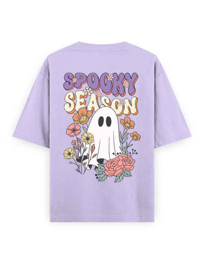 Lilac oversized t-shirt with 'Spooky Season' text, cute ghost, and colorful floral print on back