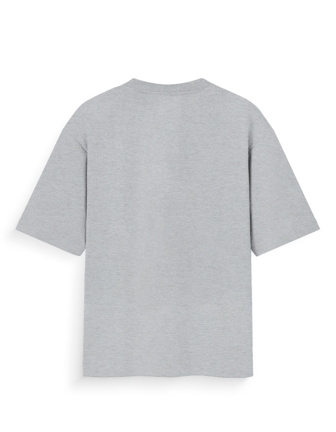 Back view of a plain grey oversized t-shirt with short sleeves on a white background