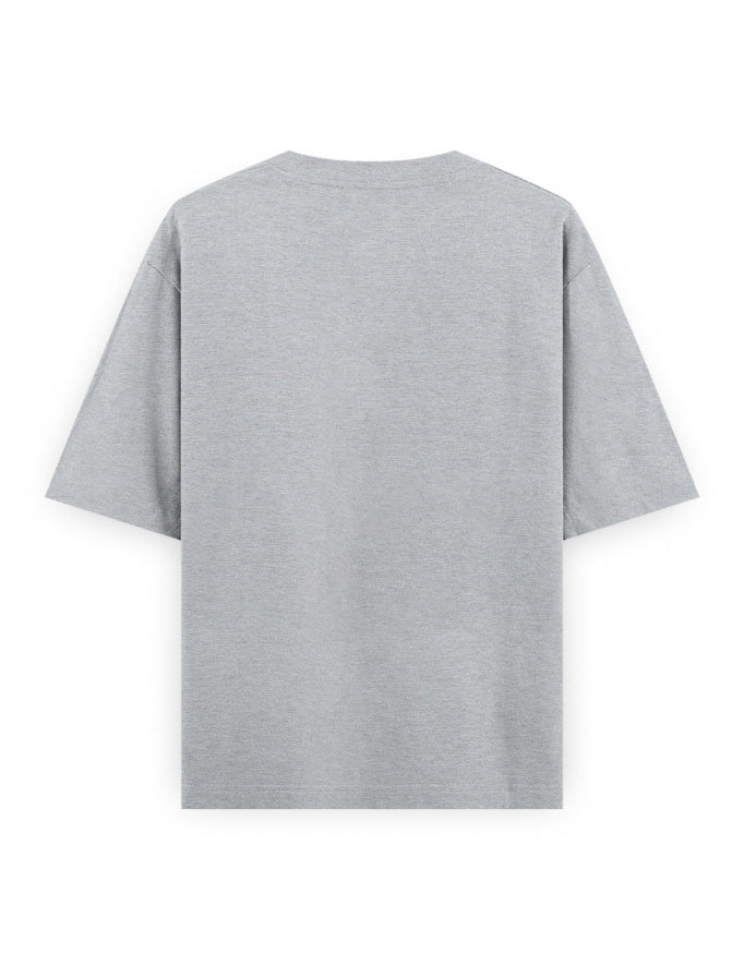 Back view of plain grey oversized streetwear t-shirt with short sleeves