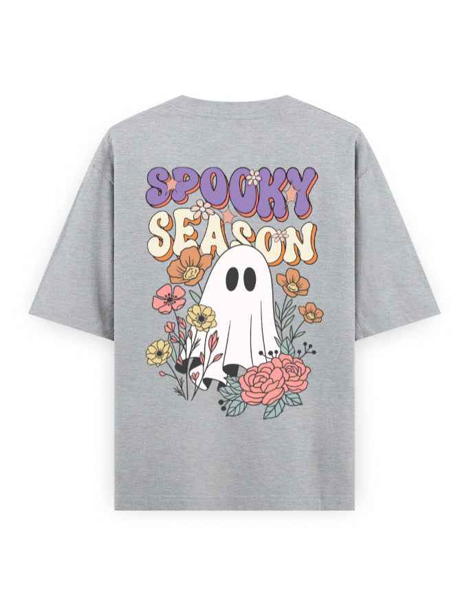Gray oversized t-shirt with Spooky Season ghost and floral graphic on the back