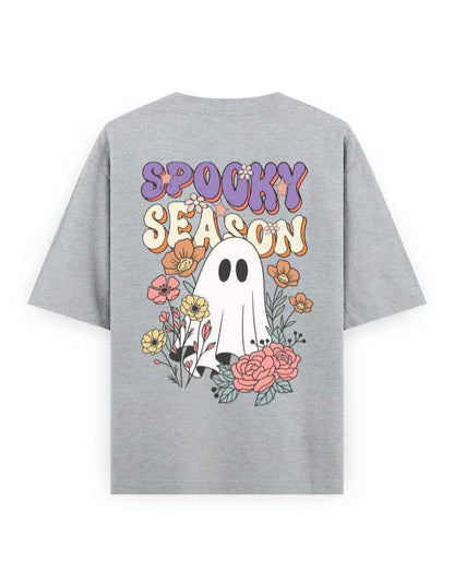 Gray oversized t-shirt with Spooky Season ghost and floral graphic on the back