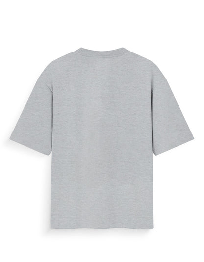 Back view of plain grey oversized streetwear t-shirt on white background