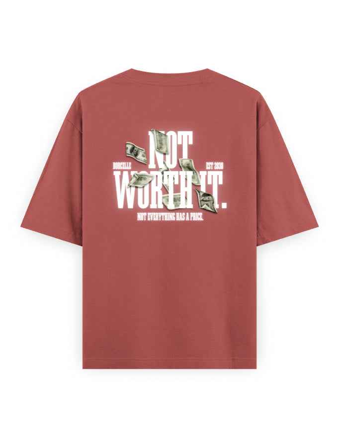 Oversized red streetwear t-shirt with 'Not Worth It' graphic, dollar bills, bold text design