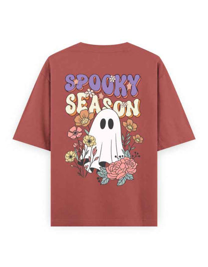 Oversized rust t-shirt with 'Spooky Season' text, cartoon ghost, and floral graphic on back