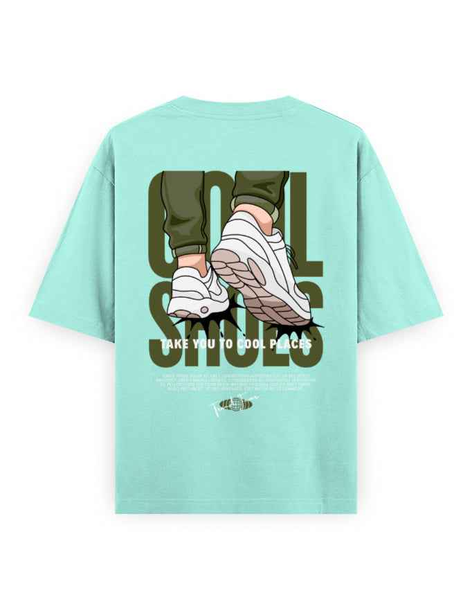 Mint green oversized streetwear t-shirt with sneaker graphic and 'Cool Shoes' back print