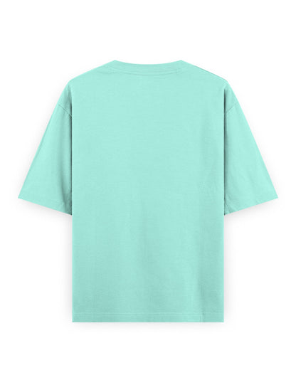 Back view of a plain light teal oversized t-shirt with short sleeves on white background