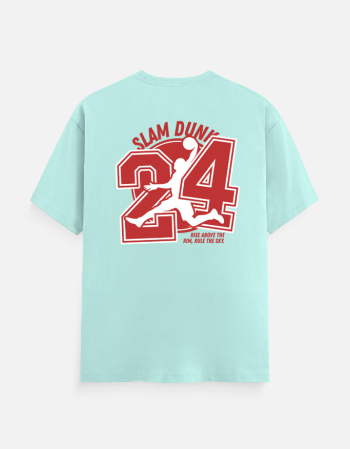 A light mint green short-sleeve t-shirt shown from the back, featuring a large red and white graphic print of the number 24, a basketball player silhouette, and the words 'SLAM DUNGE' and 'KING, KING, KING, KING.'.