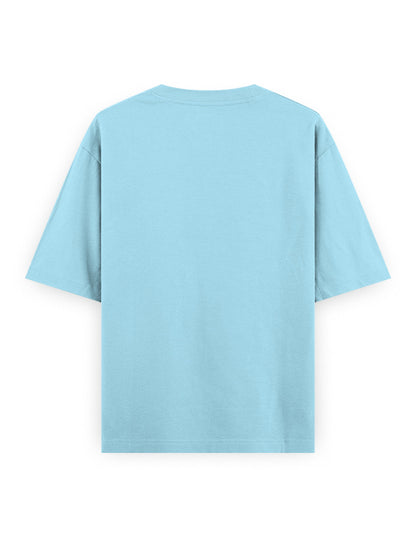 Back view of plain light blue oversized t-shirt, short sleeves, streetwear style