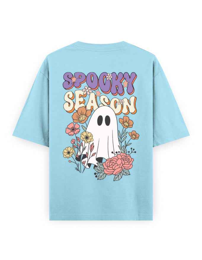 Light blue oversized t-shirt with 'Spooky Season' ghost and floral graphic on back.