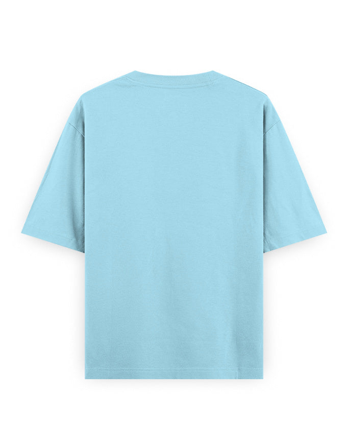 Back view of plain light blue oversized streetwear T-shirt on white background