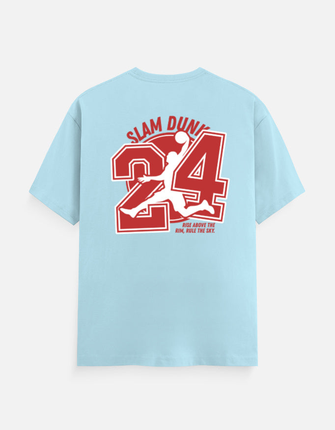 A light blue short-sleeve t-shirt shown from the back, featuring a large red and white graphic print of the number 24, a silhouette of Michael Jordan, and the words 'SLAM DUNGE' and 'GET ABOVE THE RAIN, WEAR THE RAIN.'.