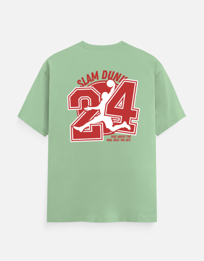 A light green short-sleeve t-shirt shown from the back, featuring a large red and white graphic print of the number 24, a silhouette of Michael Jordan, and the words 'SLAM DUNGE' and 'COME ON JORDAN'.