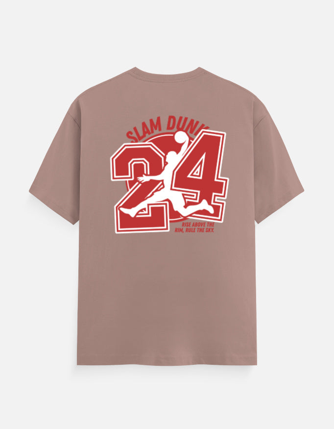 A dusty rose short-sleeve t-shirt shown from the back, featuring a large red and white graphic print of the number 24, a basketball player silhouette, and the words 'SLAM DUNK' and 'WORLD CHAMPIONSHIP BASKETBALL'.