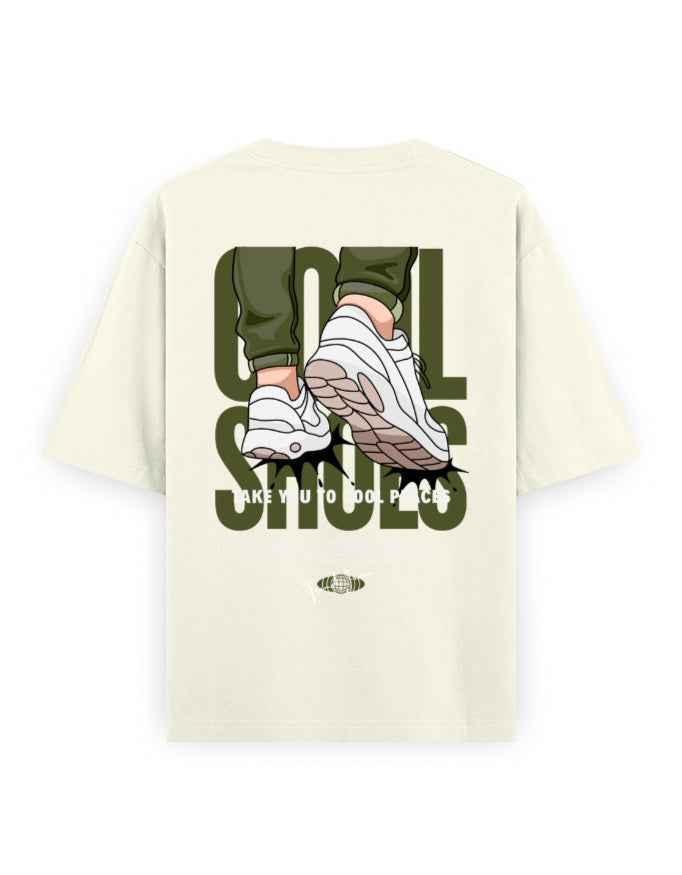 Oversized streetwear t-shirt with graphic of sneakers and bold text on the back