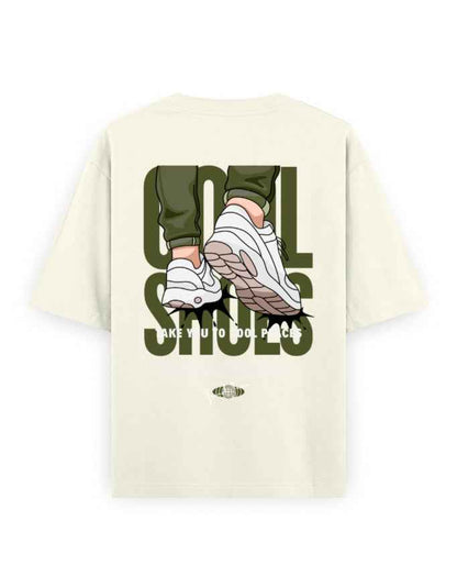 Oversized streetwear t-shirt with graphic of sneakers and bold text on the back