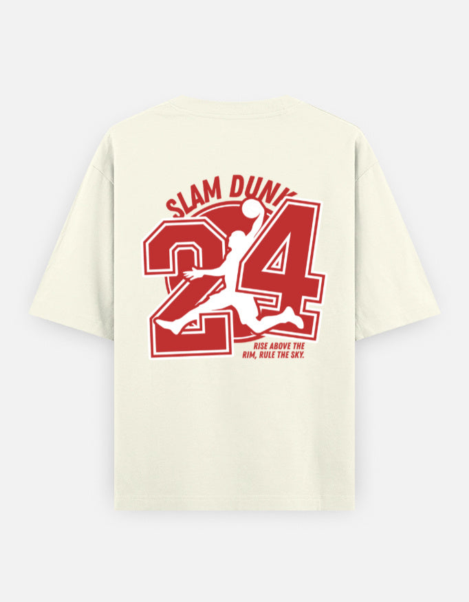 An off-white short-sleeve t-shirt with a large red and white graphic on the back featuring the text 'SLAM DUNK', the number '24', and a silhouette of a basketball player jumping, with 'REST ABOVE THE KIM, RISE THE DAY.' printed below.