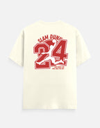 TREND FEVER off-white short-sleeve t-shirt shown from the back, featuring a large red graphic print of the number 24, a basketball player silhouette, and the words 'SLAM DUNGE' and 'KING, RULE THE DAY.' on a light gray background. 