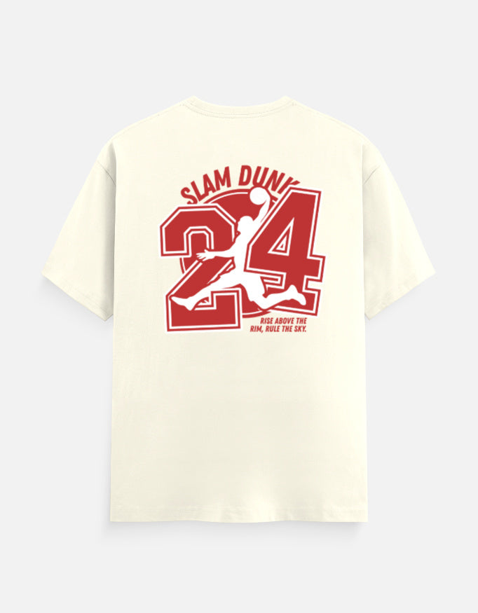 TREND FEVER off-white short-sleeve t-shirt shown from the back, featuring a large red graphic print of the number 24, a basketball player silhouette, and the words 'SLAM DUNGE' and 'KING, RULE THE DAY.' on a light gray background. 