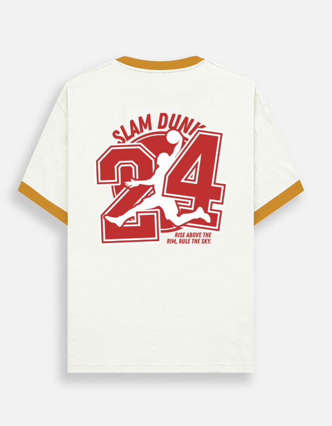 An off-white short-sleeve Trend Fever t-shirt with gold trim on the collar and cuffs, featuring a large red graphic on the back with the text 'SLAM DUNK', a large number '24', and a basketball player silhouette.