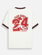 An off-white short-sleeve Trend Fever t-shirt with dark maroon trim on the collar and cuffs, featuring a large red graphic on the back with the text 'SLAM DUNK', a large number '24', and a silhouette of a basketball player.