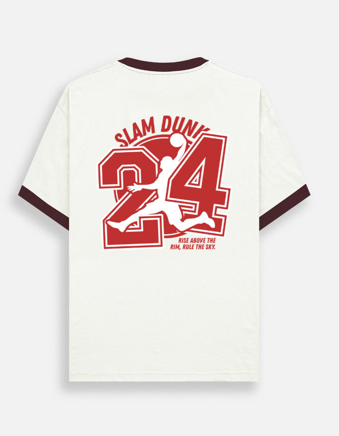 An off-white short-sleeve Trend Fever t-shirt with dark maroon trim on the collar and cuffs, featuring a large red graphic on the back with the text 'SLAM DUNK', a large number '24', and a silhouette of a basketball player.