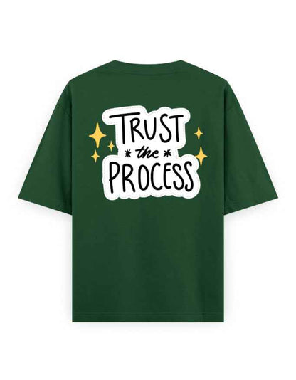 Green oversized streetwear t-shirt with 'Trust the Process' graphic on the back