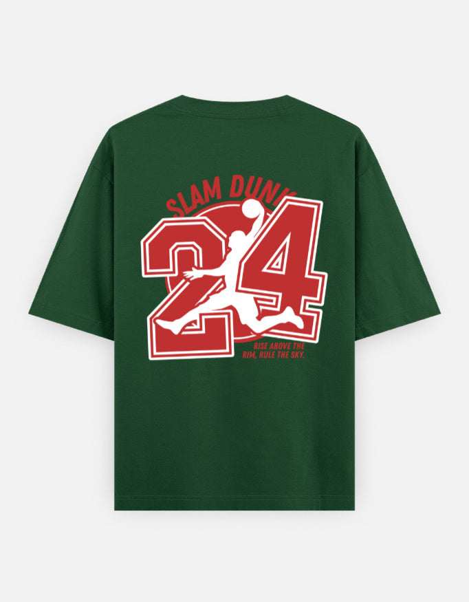 A Trend Fever dark green short-sleeve T-shirt with a large red and white graphic on the back featuring the number 24, a basketball player silhouette, and the words 'SLAM DUNK'.