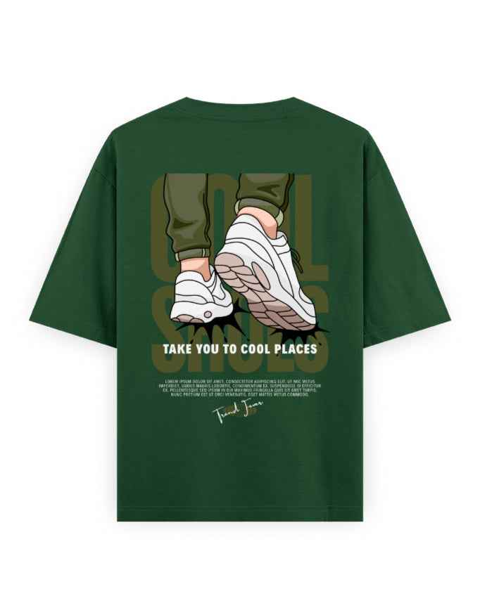 Green oversized streetwear t-shirt with graphic of sneakers and 'Take You To Cool Places' text