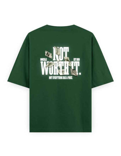 Green oversized streetwear t-shirt with 'Not Worth It' money graphic on the back