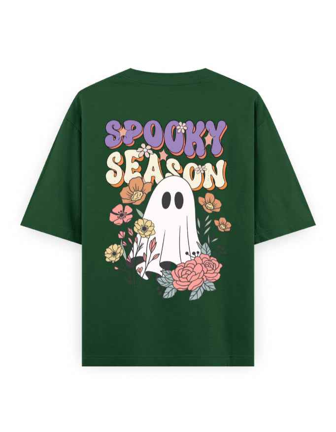 Green oversized t-shirt with 'Spooky Season' ghost and floral graphic print on back
