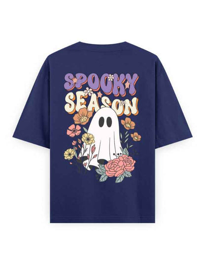 Navy blue oversized t-shirt with 'Spooky Season' text, cartoon ghost and floral graphic on back