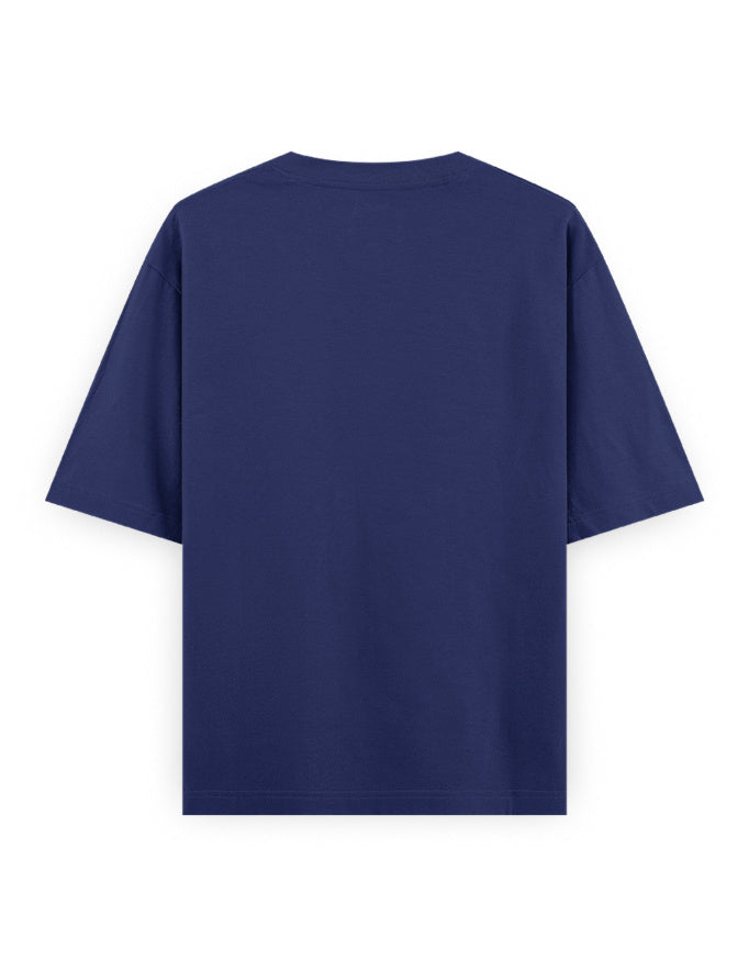 Back view of a plain navy blue oversized t-shirt with short sleeves, streetwear style
