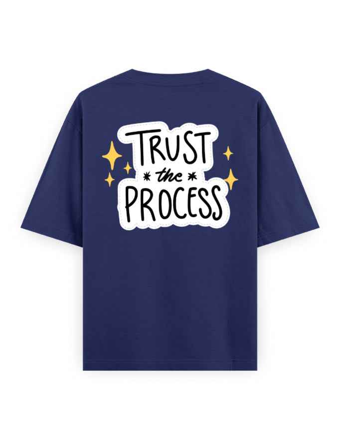 Navy oversized streetwear t-shirt with 'Trust the Process' slogan and gold star accents on back