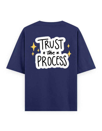 Navy oversized streetwear t-shirt with 'Trust the Process' slogan and gold star accents on back