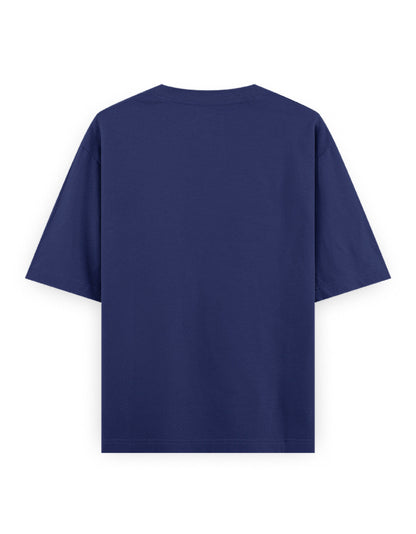 Back view of plain navy blue oversized t-shirt, short sleeves, minimalist streetwear