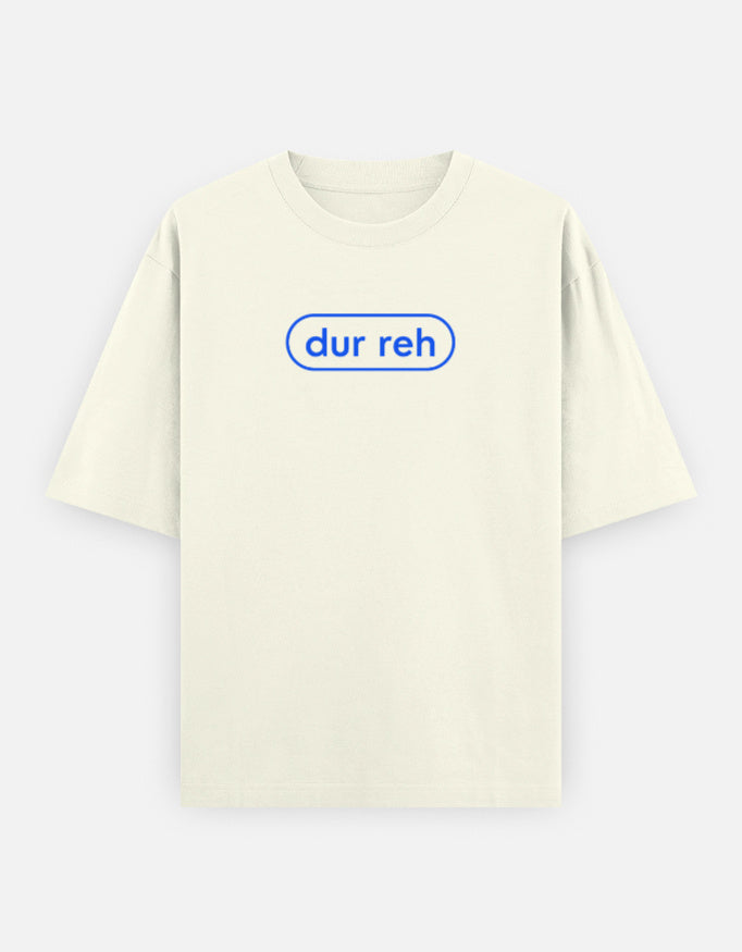 Close-up of minimalist DUR REH graphic on Trend Fever oversized cotton Tee